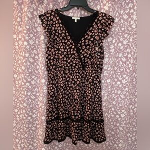 (S3) Maurices L Black/Pink Floral Lace & Ruffle Detail Sleeveless Skater Dress